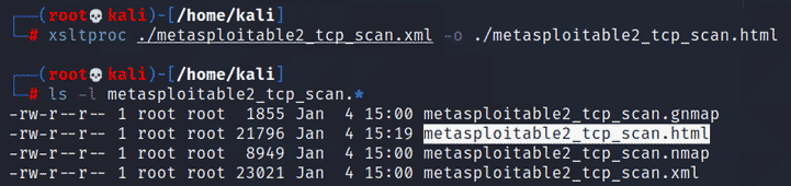 Terminal output showing the generated metasploitable2_tcp_scan.html file