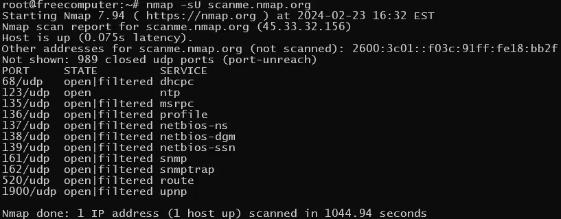 Nmap UDP scan results