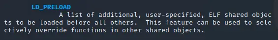 Man page for ld.so showing the LD_PRELOAD section