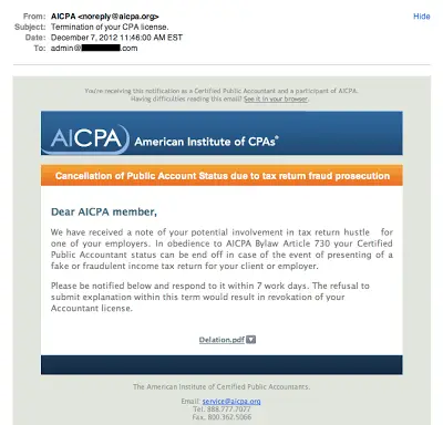 Example phishing email impersonating the AICPA with visible grammar errors and suspicious word choices