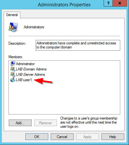 Local Administrators group membership showing labuser1 successfully added via the SMB relay
