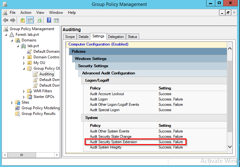 Group Policy editor showing the Audit Security System Extension policy enabled for success and failure