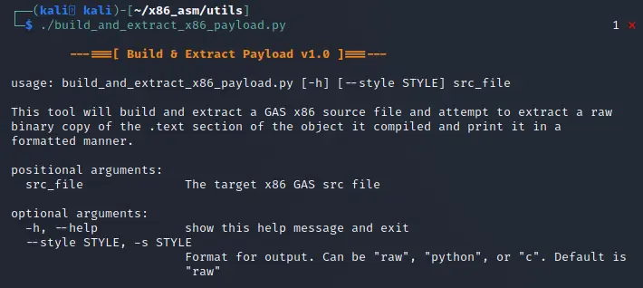 Help screen from the build and extract x86 payload script