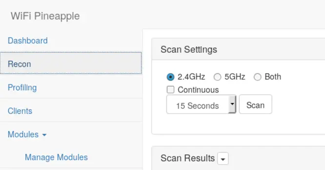 WiFi Pineapple Recon scan results