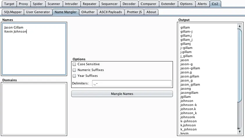 Co2 Name Mangler interface showing a list of names on the left and generated username variations on the right
