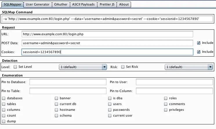 Co2 SQLMapper module interface showing pre-populated URL, POST data, and cookie fields with sqlmap command options
