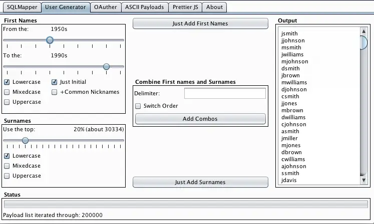 Co2 User Generator module interface showing name format options and statistical sorting controls