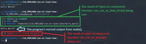 Running hello_world with LD_PRELOAD inject.so showing constructor and destructor output