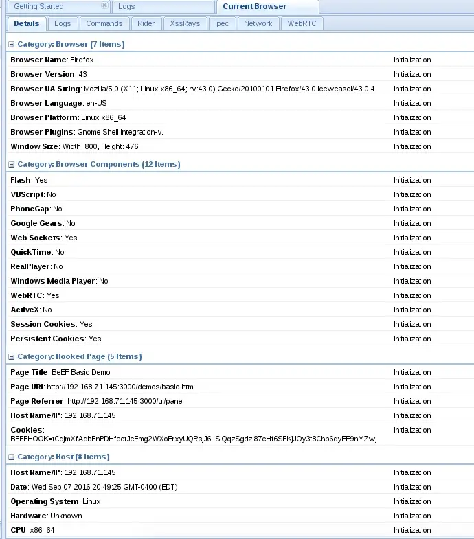 BeEF Details tab showing browser version, operating system, plugins, and other host information