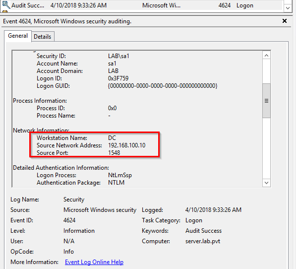Windows Event 4624 showing the source workstation and IP address of the successful logon from the relay attack