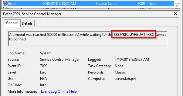 Windows Event 7009 showing the service timed out waiting to connect