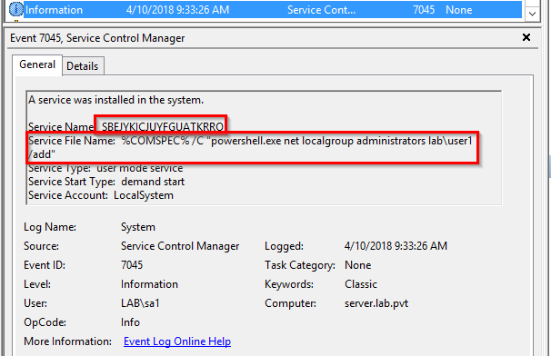 Windows Event 7045 showing the malicious service name and the command it attempted to execute