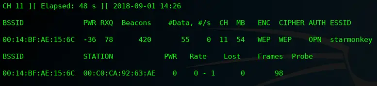 Airodump-ng capture showing associated client after fake authentication