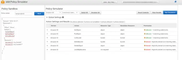 Policy Simulator results showing restricted S3 access on specific bucket