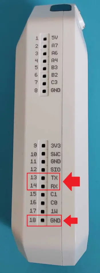 Flipper Zero GPIO pinout diagram showing the TX, RX, and GND pins needed for UART bridge mode