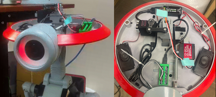 Inside the droid's head showing camera, LED ring, and electronics