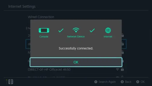 Nintendo Switch WiFi settings showing successful connection to WAP2