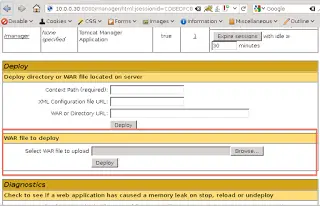 Tomcat manager interface showing WAR file deployment section