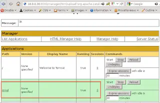 Tomcat manager showing the deployed cmd application