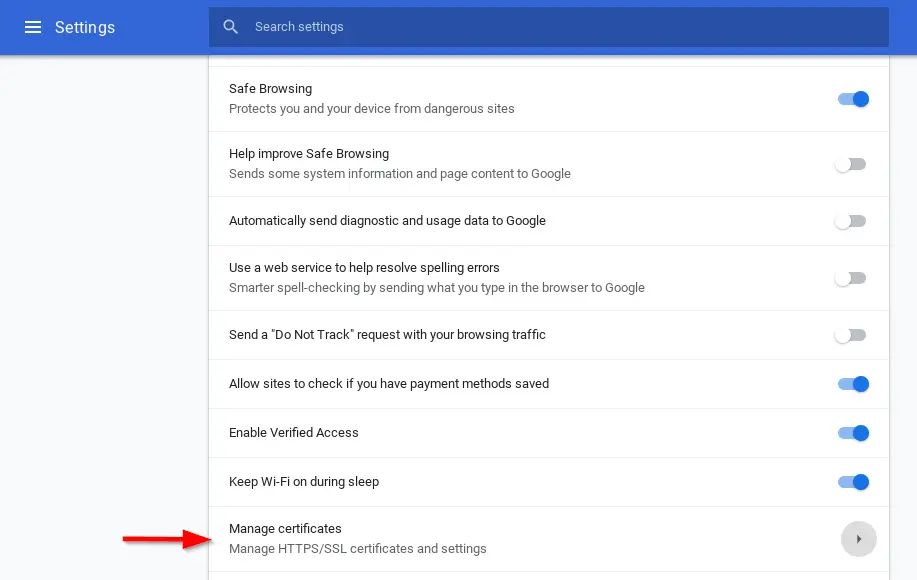 Chrome Settings showing the Manage Certificates option under Advanced settings