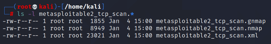 Terminal output showing the three files created by the -oA switch