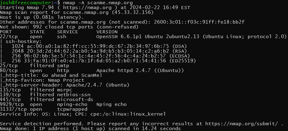 Nmap aggressive scan results with OS and version detection