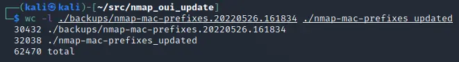 Line counts between the original and updated version of nmap-mac-prefixes
