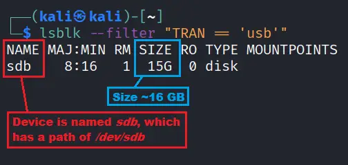 Terminal output from lsblk showing the 16 GB flash drive identified as /dev/sdb
