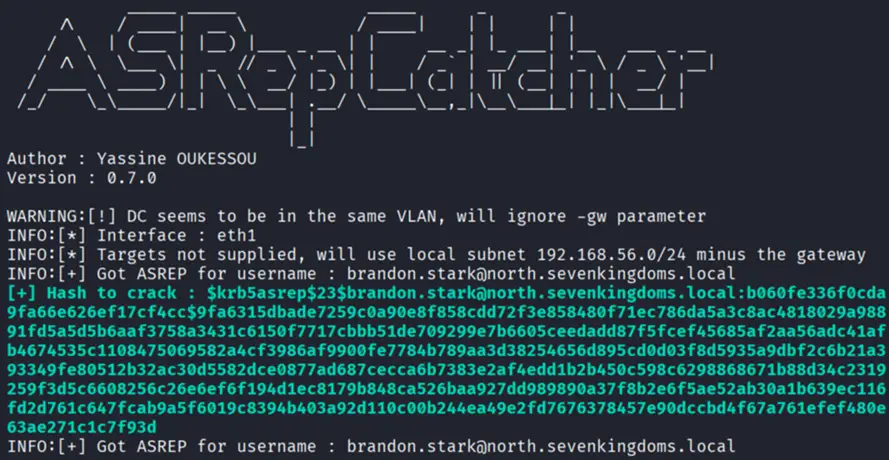 ASRepCatcher capturing an AS-REP hash in the GOAD lab