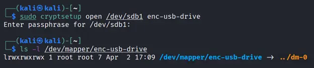 Terminal output showing the LUKS partition opened and mapped to enc-usb-drive