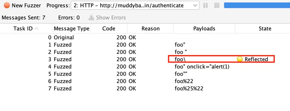 Fuzzing results showing one payload with trailing backslash marked as reflected