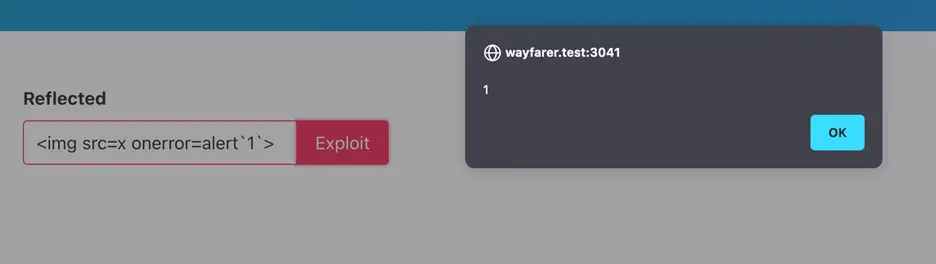 Browser showing XSS alert popup triggered by img onerror payload
