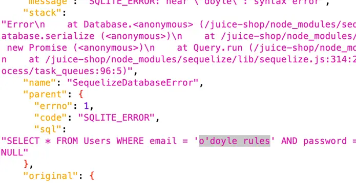 SQL error in response showing how the apostrophe broke the query