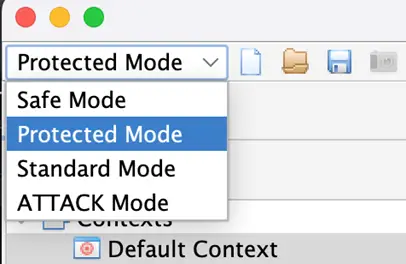 ZAP mode dropdown with Protected Mode highlighted
