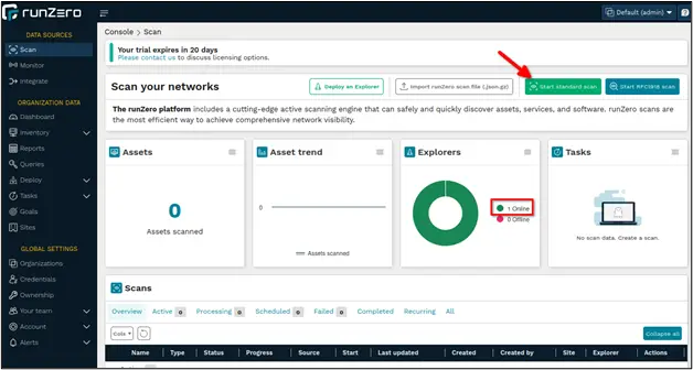 runZero scan page showing explorer online