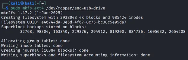 Terminal output showing mkfs.ext4 creating the ext4 filesystem on the encrypted partition