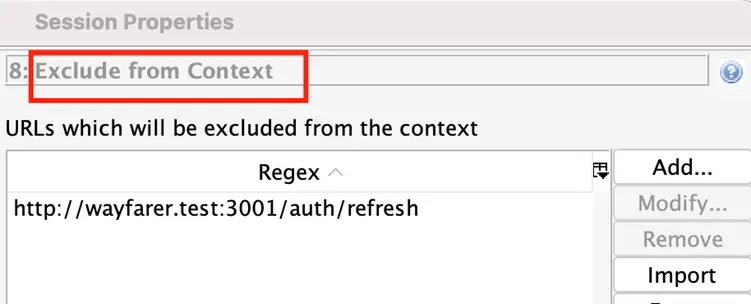 Session Properties showing exclude from context entry