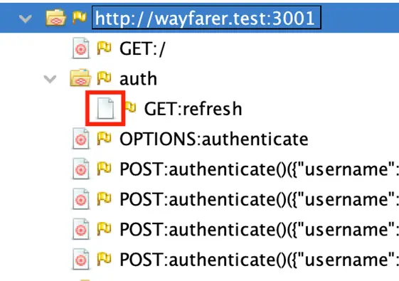 Sites tree showing auth/refresh excluded from scope