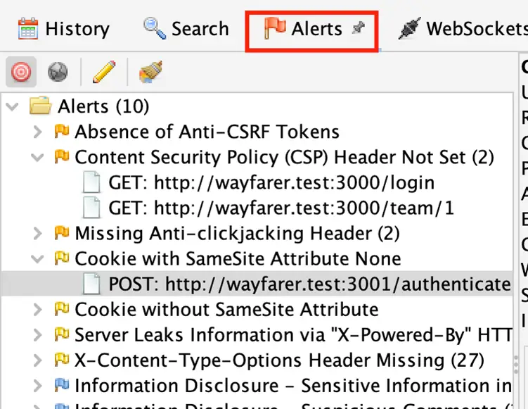 ZAP bottom pane with Alerts tab highlighted