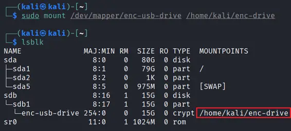 Terminal output showing the encrypted filesystem mounted to the enc-drive directory
