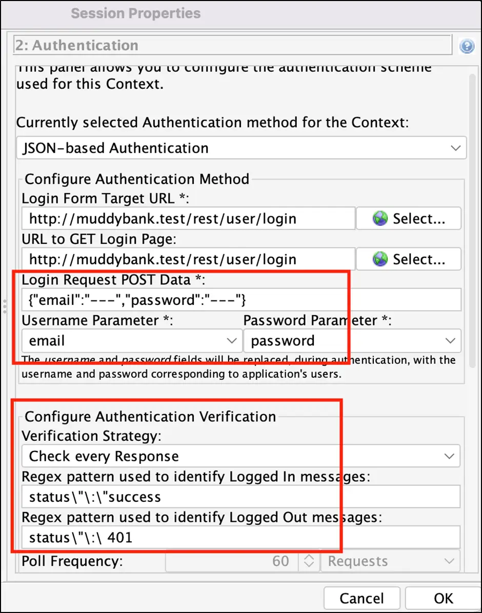 ZAP Session Properties showing authentication configuration with regex patterns for logged-in and logged-out states