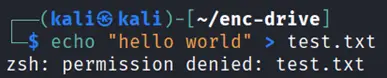 Terminal output showing a permission denied error when trying to create a file as non-root user