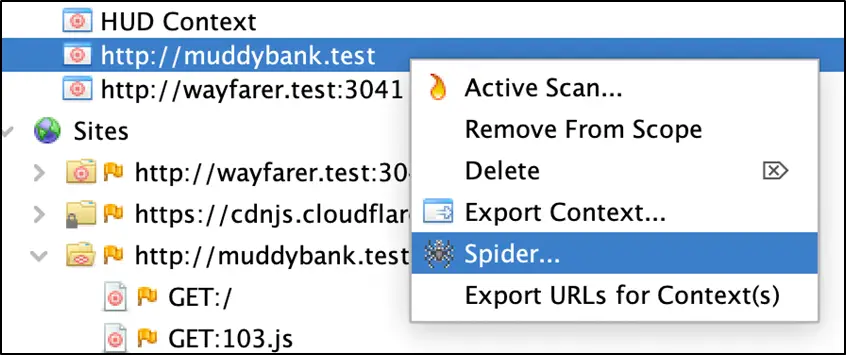 ZAP context menu with Spider option highlighted