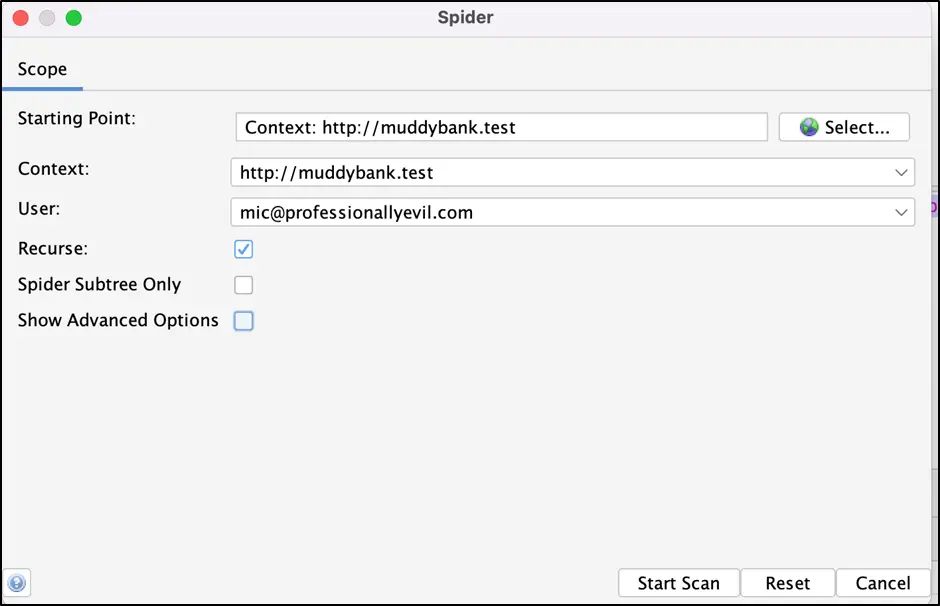 ZAP Spider dialog with context and user configured