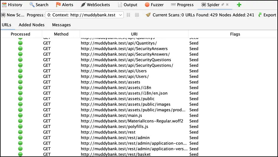 ZAP Spider results showing discovered URLs