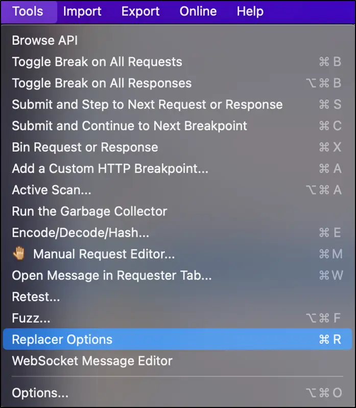 ZAP Tools menu with Replacer Options highlighted