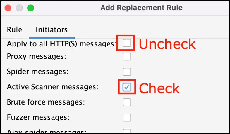 Replacer Initiators tab with Active Scanner messages checked