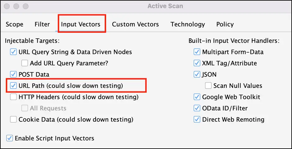 Active Scan dialog with URL Path input vector checked